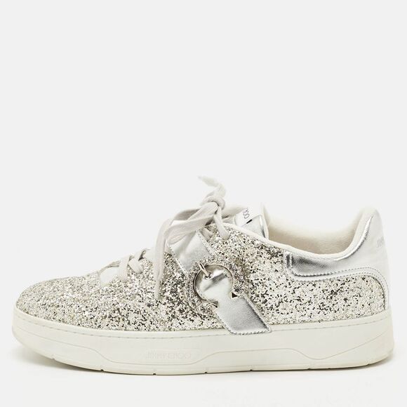 Jimmy Choo Silver Glitter And Leather Osaka Sneakers Size 41